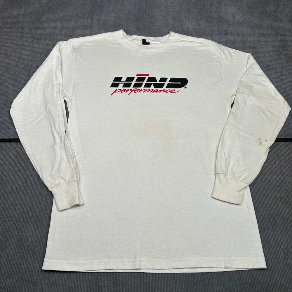Hind Performance Long Sleeve T-Shirt White Graphic Cotton Size XL Vintage USA